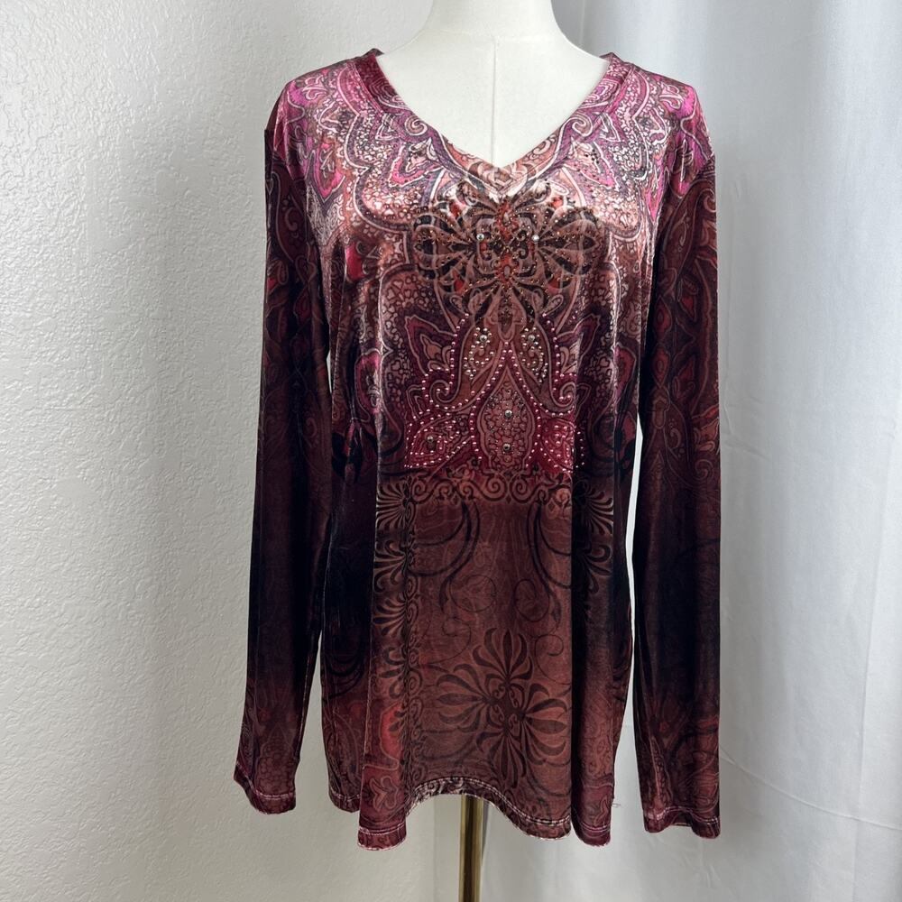 VTG Velvet Rhinestone Top Womens Large Red Paisley Y2K‎ Whimsigoth Hippie Artsy